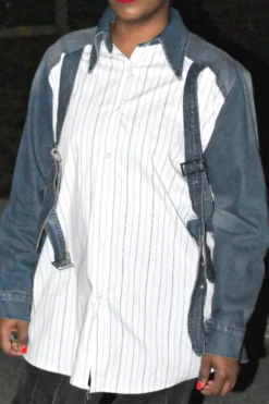 Striped Patchwork Chic Buckled Design Denim Blouse