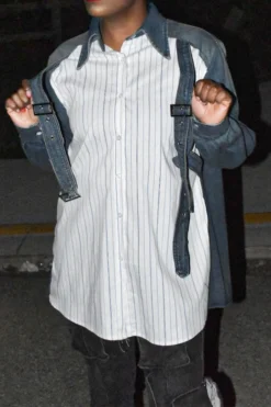 Striped Patchwork Chic Buckled Design Denim Blouse -Prettytina H23060958 BL 3