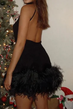 Solid Color Festive Backless Feather Hem Mini Dress 8 Solid Color Festive Backless Feather Hem Mini Dress -Prettytina H23061501 BK 1