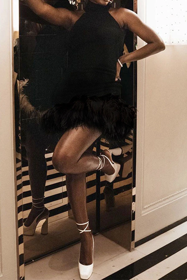 Solid Color Festive Backless Feather Hem Mini Dress 4 Solid Color Festive Backless Feather Hem Mini Dress - Image 4