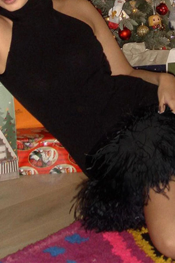 Solid Color Festive Backless Feather Hem Mini Dress 5 Solid Color Festive Backless Feather Hem Mini Dress - Image 5
