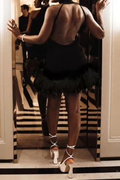 Solid Color Festive Backless Feather Hem Mini Dress 11 Solid Color Festive Backless Feather Hem Mini Dress -Prettytina H23061501 BK 4