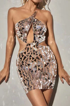 Sequined Sparkly Cutout One Shoulder Mini Dress