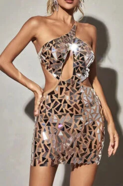 Sequined Sparkly Cutout One Shoulder Mini Dress -Prettytina H23061506 SI 4