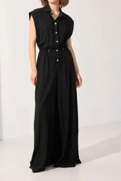 Solid Color Commuting Drawstring Wide Leg Jumpsuit -Prettytina H23061559 BK 1