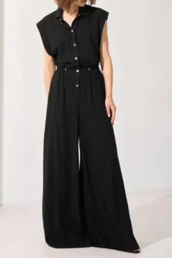 Solid Color Commuting Drawstring Wide Leg Jumpsuit -Prettytina H23061559 BK 2