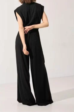 Solid Color Commuting Drawstring Wide Leg Jumpsuit -Prettytina H23061559 BK 3