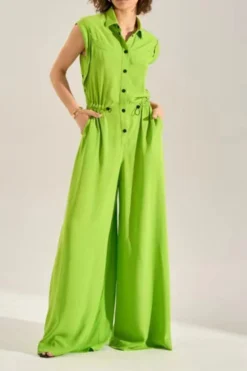 Solid Color Commuting Drawstring Wide Leg Jumpsuit -Prettytina H23061559 GR 1