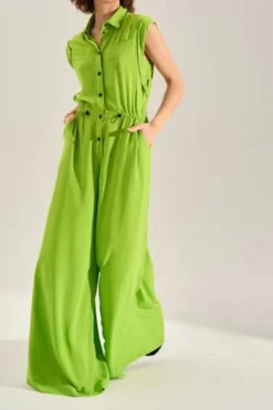 Solid Color Commuting Drawstring Wide Leg Jumpsuit -Prettytina H23061559 GR 2