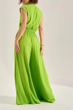 Solid Color Commuting Drawstring Wide Leg Jumpsuit -Prettytina H23061559 GR 3
