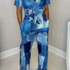 Denim Print Casual Belted Jumpsuit