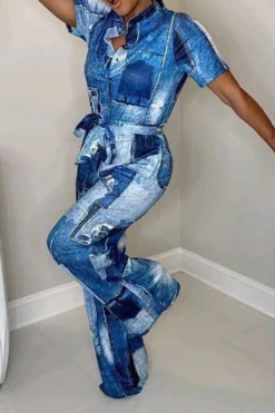 Denim Print Casual Belted Jumpsuit -Prettytina H23061563 BL 3