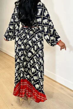 Horse Print Hit Color Laid Back Belted Midi Dress -Prettytina H23062519 BK 3