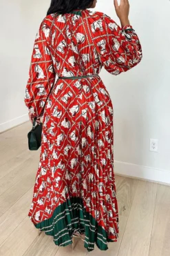 Horse Print Hit Color Laid Back Belted Midi Dress -Prettytina H23062519 RE 2