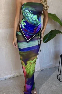 Abstract Print Kitsch Lace-Up See-Through Skirt Suit -Prettytina H23062555 RT 3