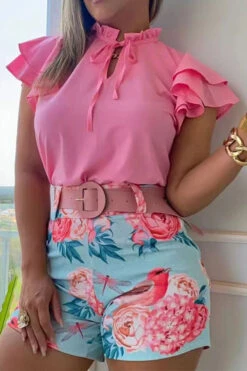 Floral Print Sweet Lace-Up Ruffle Pant Suit 8 Floral Print Sweet Lace-Up Ruffle Pant Suit -Prettytina H23062568 PI 1