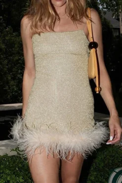 Solid Color Shimmery Feather Hem Mini Dress
