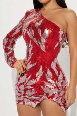 Leaf Pattern Sequined Sparkly One Shoulder Mini Dress