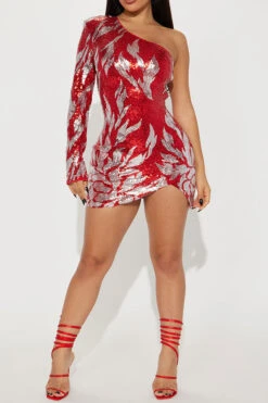 Leaf Pattern Sequined Sparkly One Shoulder Mini Dress -Prettytina H23062607 RE 3