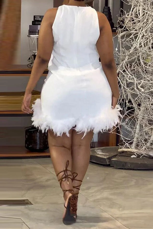 Solid Color Simple Feather Hem Mini Dress 3 Solid Color Simple Feather Hem Mini Dress - Image 3