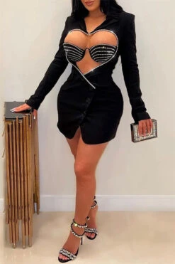 Heart Cutout Rhinestone Decor Unique Mini Dress 6 Heart Cutout Rhinestone Decor Unique Mini Dress -Prettytina H23062613 BK 1