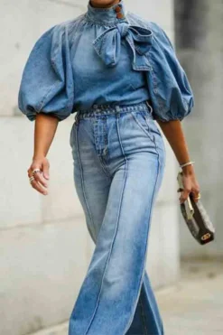 Gradient Denim Cute Lace-Up Blouse