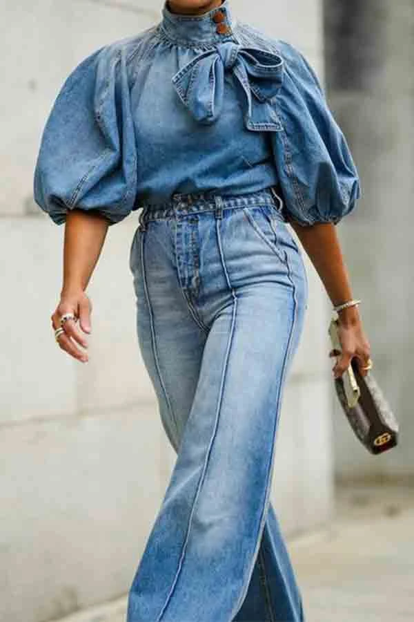 Gradient Denim Cute Lace-Up Blouse 1 Gradient Denim Cute Lace-Up Blouse