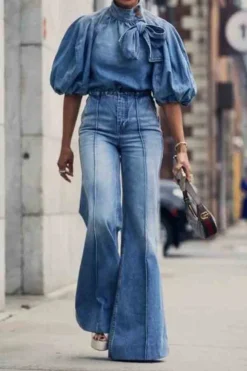 Gradient Denim Cute Lace-Up Blouse 5 Gradient Denim Cute Lace-Up Blouse -Prettytina H23062628 BL 3