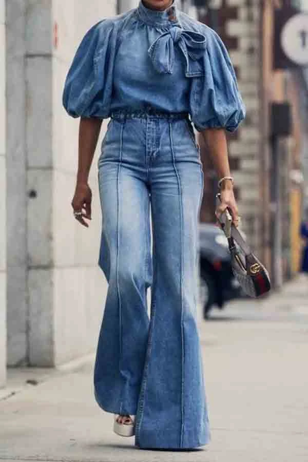 Gradient Denim Cute Lace-Up Blouse 3 Gradient Denim Cute Lace-Up Blouse - Image 3