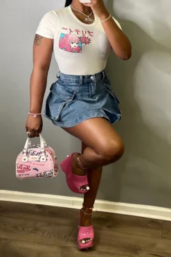 Blue Party Patch Pocket Denim Skirt