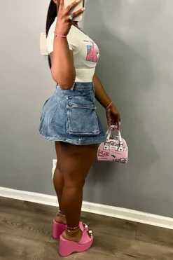 Blue Party Patch Pocket Denim Skirt -Prettytina H23062674 BL 3