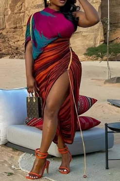 Abstract Print Romantic Drawstring Irregular Pleated Midi Dress