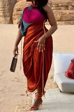 Abstract Print Romantic Drawstring Irregular Pleated Midi Dress -Prettytina H23062683 RT 3