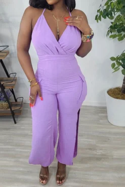 Solid Color Halter Collar Urban Side Cutout Jumpsuit -Prettytina H23062684 PU 1