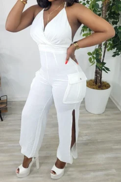 Solid Color Halter Collar Urban Side Cutout Jumpsuit