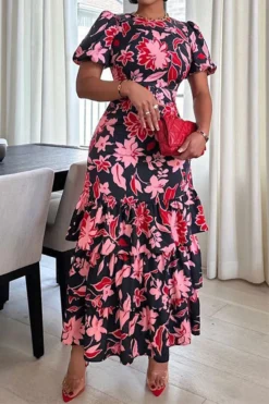 Floral Print Glamorous Belted Tiered Midi Dress