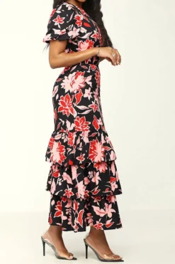 Floral Print Glamorous Belted Tiered Midi Dress -Prettytina H23062685 RT 3