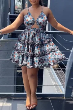 Geometric Print Sweet Cutout Tiered Mini Dress -Prettytina H23062687 RT 3