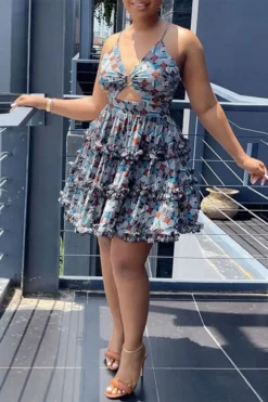 Geometric Print Sweet Cutout Tiered Mini Dress -Prettytina H23062687 RT 5