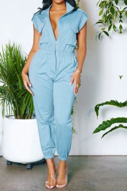 Solid Color Commuting Multi Pocket Jumpsuit -Prettytina H23062696 BL 1