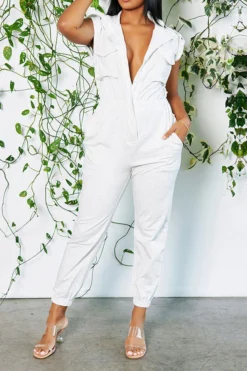 Solid Color Commuting Multi Pocket Jumpsuit -Prettytina H23062696 WH 1