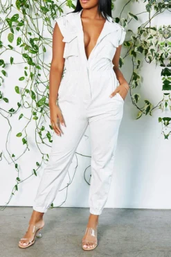 Solid Color Commuting Multi Pocket Jumpsuit -Prettytina H23062696 WH 2