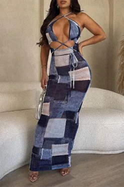 Denim Print Hot Strappy See-Through Maxi Dress -Prettytina H23070402 BL 3