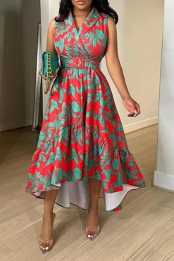 Floral Print Feminine Belted High Low Midi Dress -Prettytina H23070424 RE 1