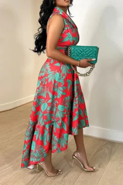 Floral Print Feminine Belted High Low Midi Dress -Prettytina H23070424 RE 2