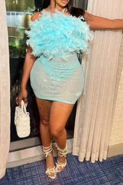 Feather & Rhinestone Design Romantic See-Through Mini Dress -Prettytina H23070457 BL 1