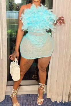 Feather & Rhinestone Design Romantic See-Through Mini Dress -Prettytina H23070457 BL 2