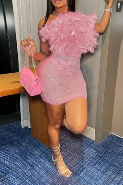 Feather & Rhinestone Design Romantic See-Through Mini Dress -Prettytina H23070457 PI 1