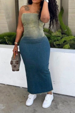 Gradient Denim Classic Bandeau Midi Dress -Prettytina H23070713 BL 3