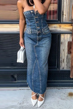 Bandeau Rocking Split Back Denim Midi Dress -Prettytina H23070717 BL 3